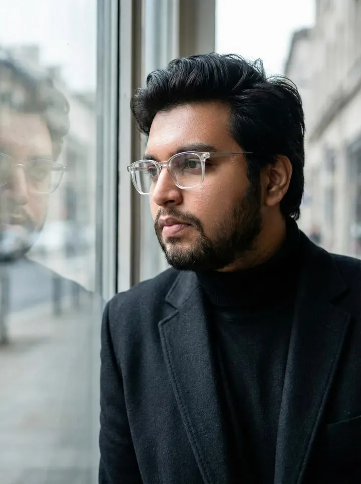 Abhijeet Jain, founder and CEO of Calibre Associates, in a dark coat by a window