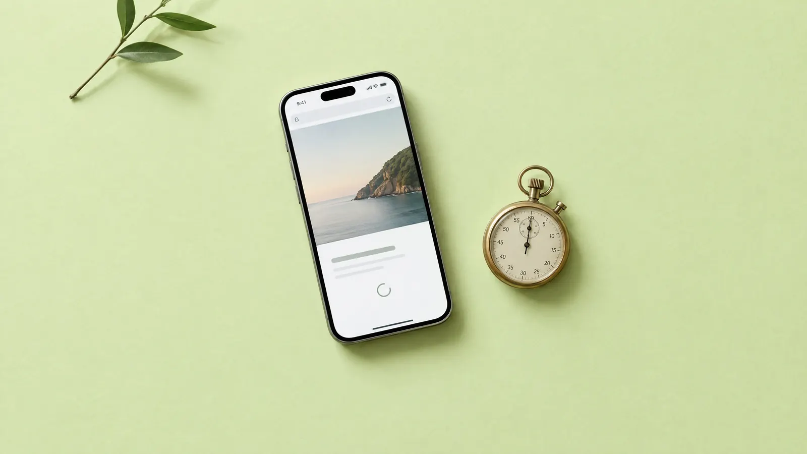 Smartphone with a fast loading website next to a brass stopwatch on lime paper, a visual for website speed optimization in India