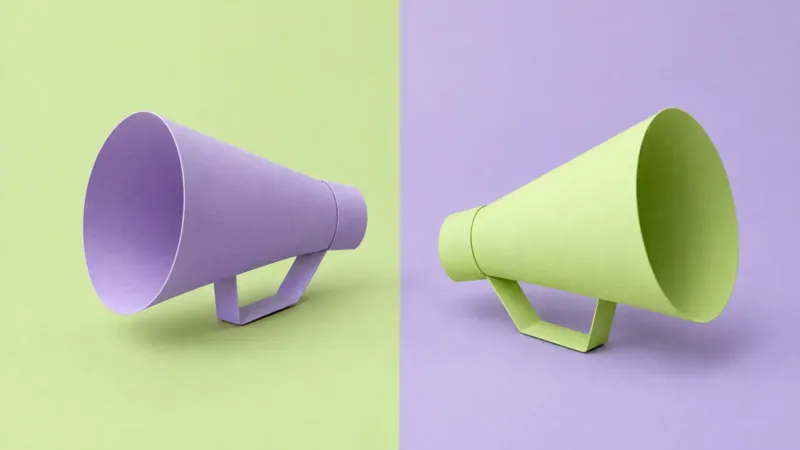 Lilac and lime paper megaphones facing opposite ways on a split backdrop, comparing Google Ads vs Meta Ads for leads