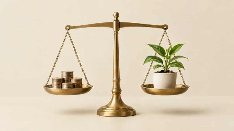 Brass scale balancing a stack of coins against a growing potted plant, comparing paid ads with SEO for a small business