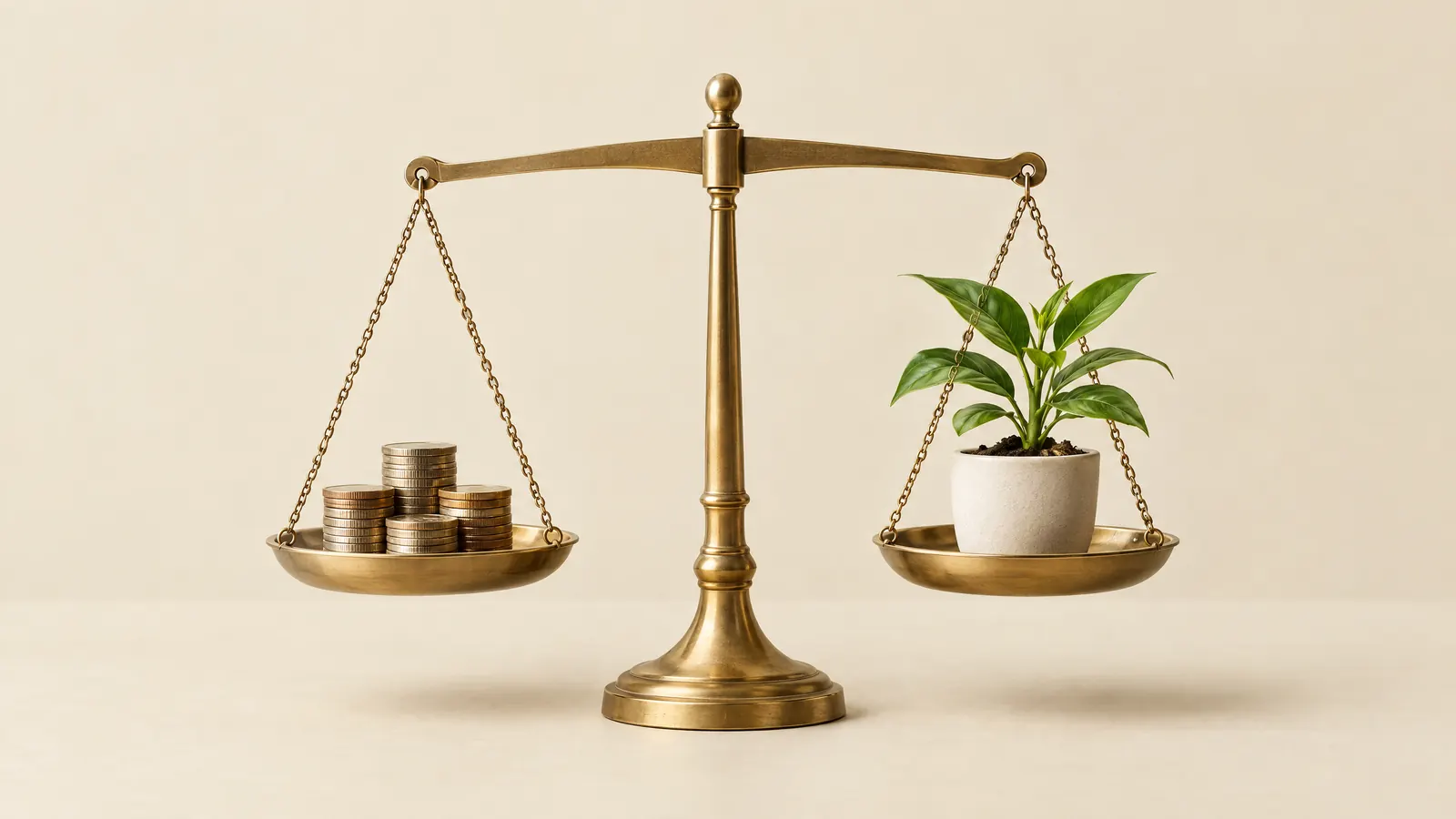 Brass scale balancing a stack of coins against a growing potted plant, comparing paid ads with SEO for a small business