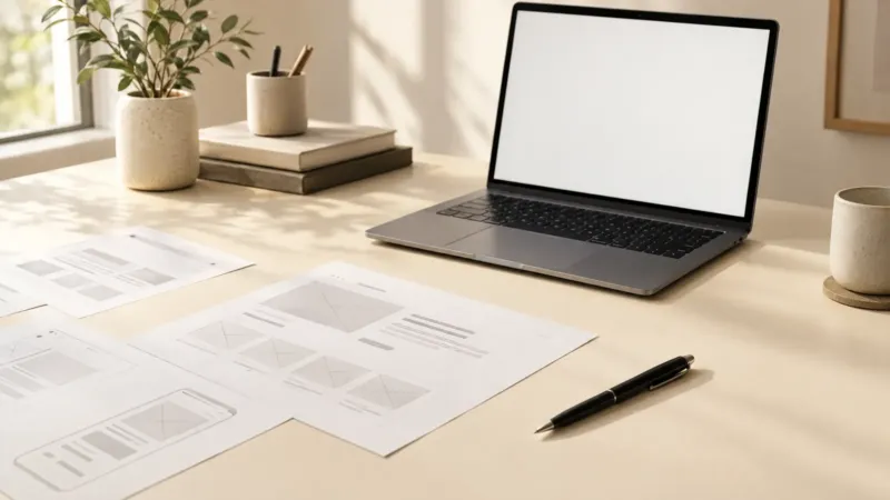 Laptop and printed website wireframes on a cream desk, the planning stage of choosing a website development company in India