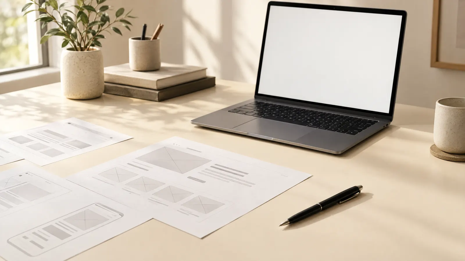 Laptop and printed website wireframes on a cream desk, the planning stage of choosing a website development company in India