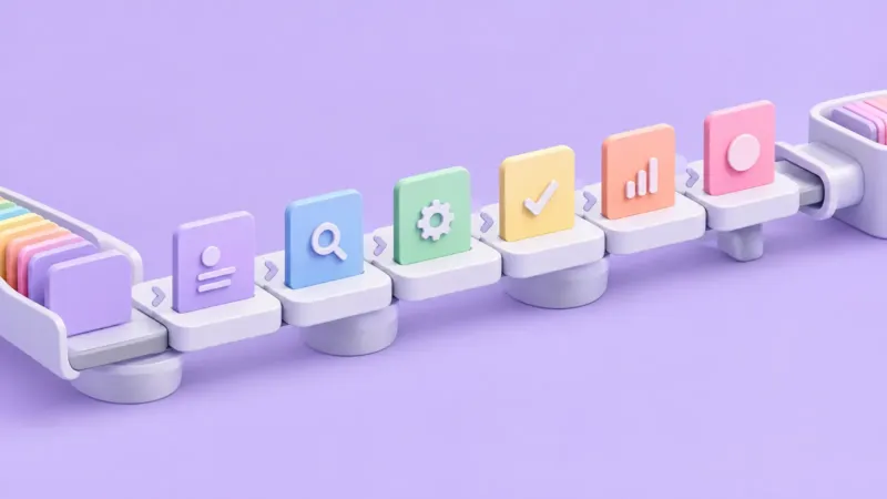 Pastel cards with icons moving along a conveyor on lilac, a visual metaphor for CRM workflow automation in sales