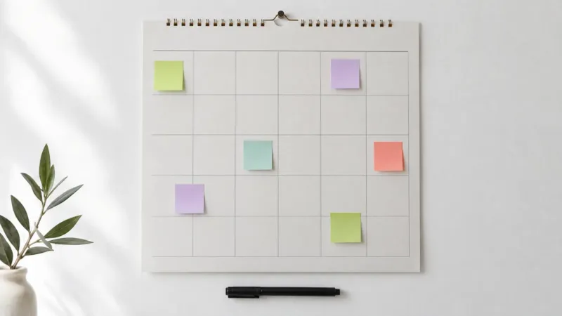 Paper wall calendar with pastel sticky notes on chosen days and a black marker, a simple social media content calendar