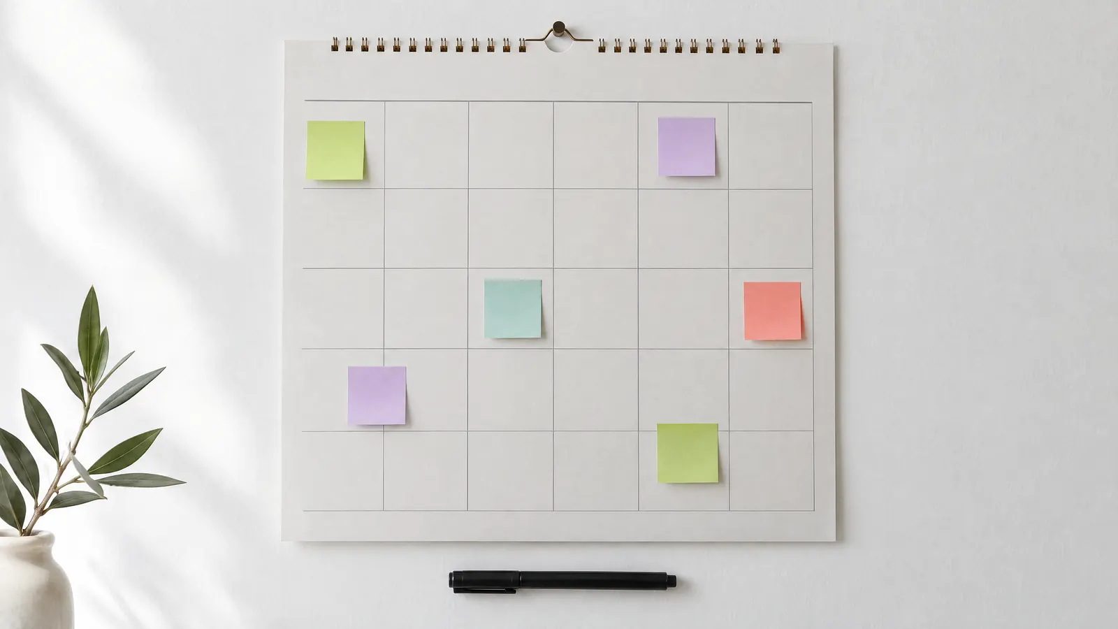 Paper wall calendar with pastel sticky notes on chosen days and a black marker, a simple social media content calendar
