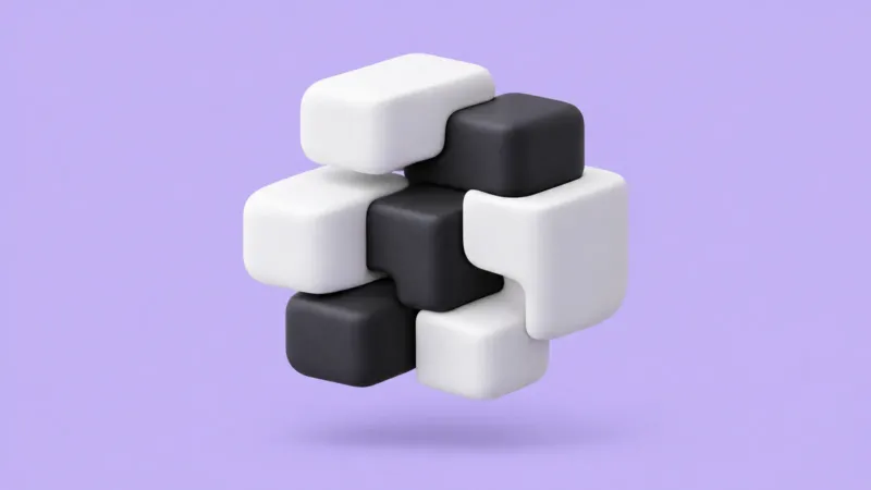 Black and white modular blocks interlocking on a lilac background, representing custom software development built to fit