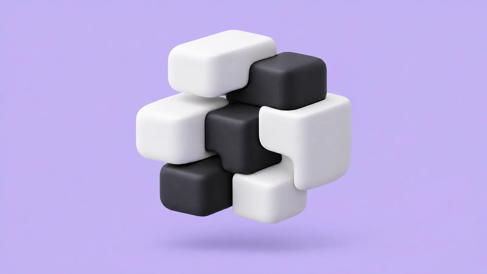 Black and white modular blocks interlocking on a lilac background, representing custom software development built to fit