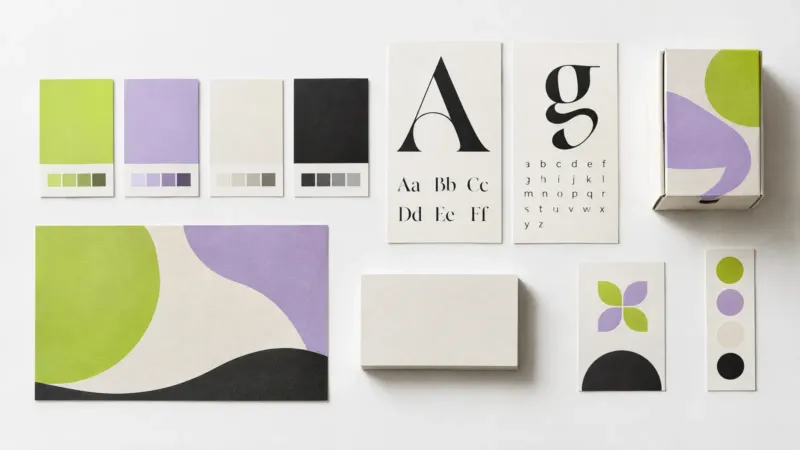 Brand identity kit flat lay with lime, lilac and black color swatches, type specimens, business cards and packaging