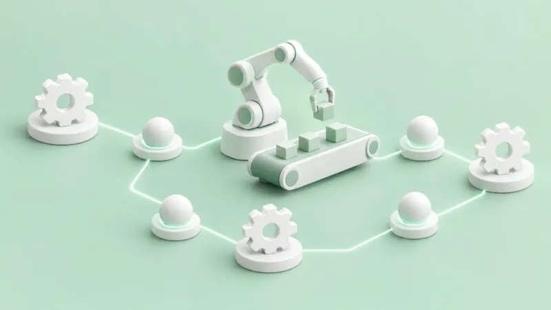 White robotic arm and gears linked into an automated workflow on mint, showing AI automation cutting small business costs