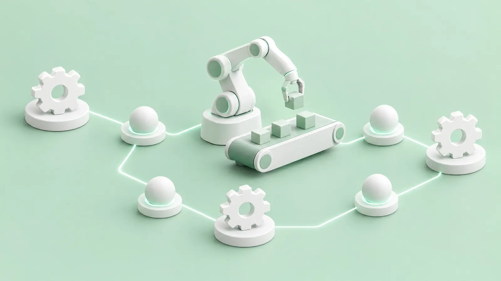 White robotic arm and gears linked into an automated workflow on mint, showing AI automation cutting small business costs