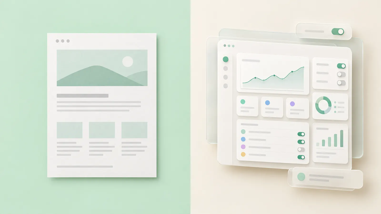 Split image of a simple web page on mint and an interactive dashboard on cream, comparing a website vs a web app