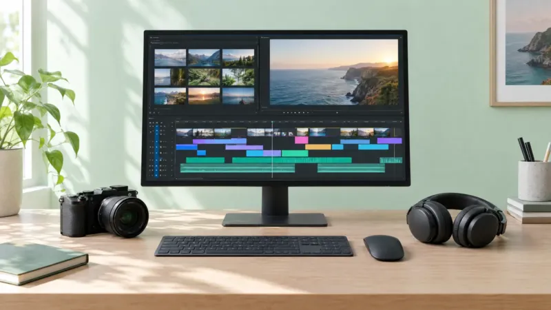 Editing desk with a monitor showing a colorful video timeline, a camera and headphones, for a business video editing service