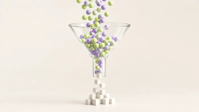 Glass funnel turning lime and lilac spheres into neat white cubes, a visual for SaaS lead generation in India