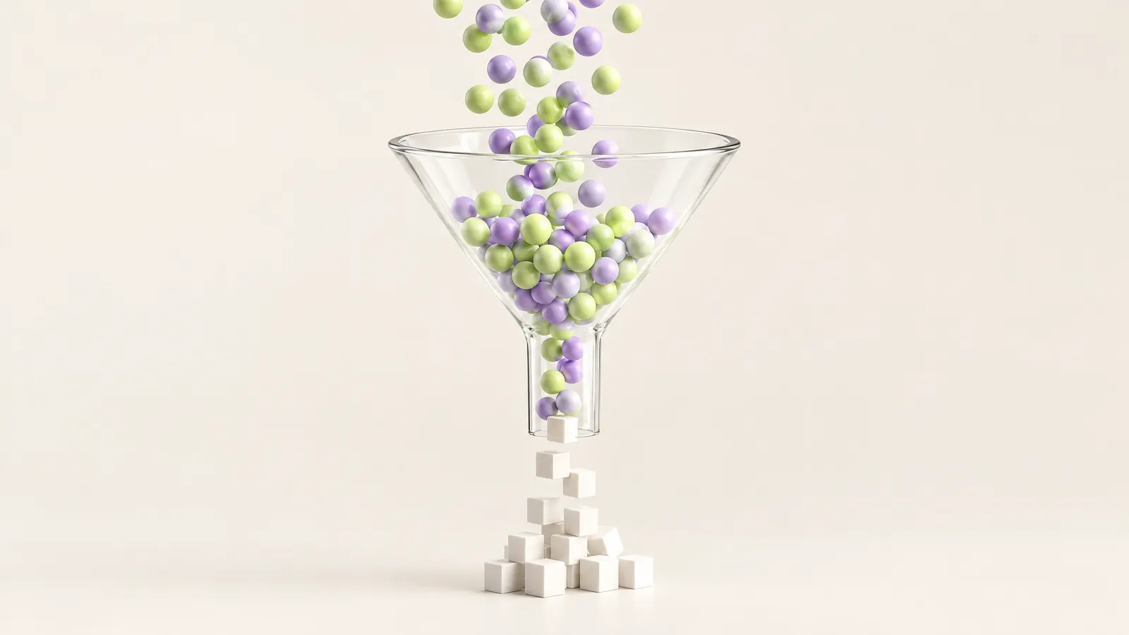 Glass funnel turning lime and lilac spheres into neat white cubes, a visual for SaaS lead generation in India