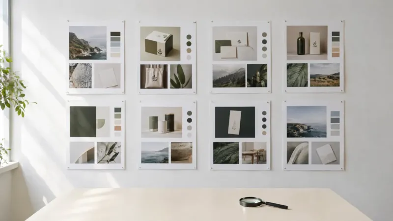 Brand case study boards pinned to a white wall with a magnifying glass on the table, reviewing an agency portfolio