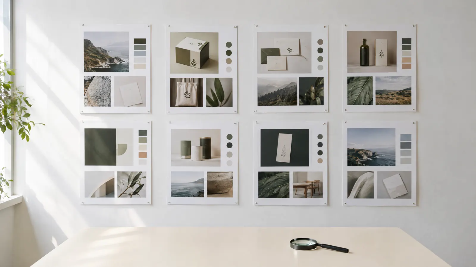 Brand case study boards pinned to a white wall with a magnifying glass on the table, reviewing an agency portfolio
