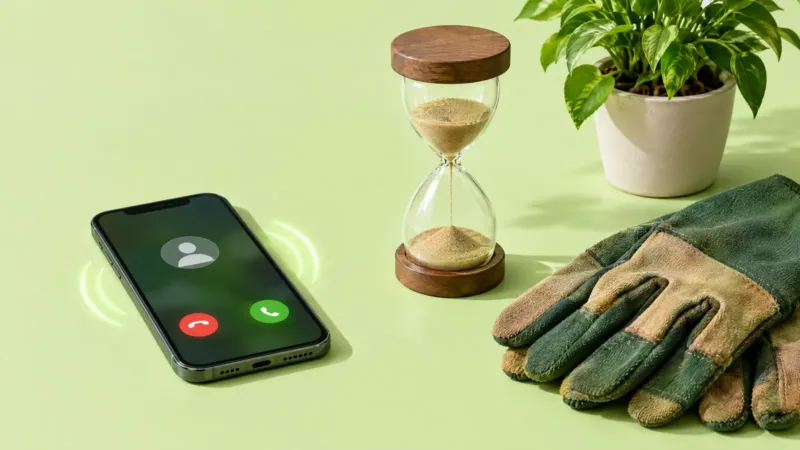 Phone with an incoming call beside an hourglass, work gloves and a plant, speed to lead for a local service business