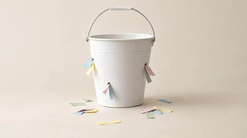 White bucket leaking pastel paper slips through small holes, a metaphor for local service businesses losing leads