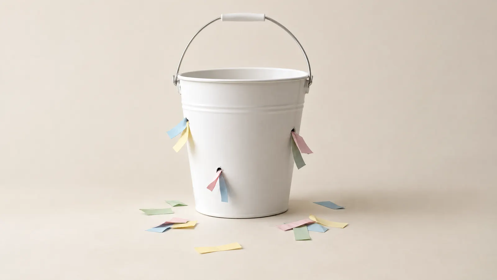White bucket leaking pastel paper slips through small holes, a metaphor for local service businesses losing leads