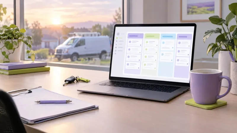 Laptop showing a pastel CRM pipeline at sunrise beside van keys and a mug, a GoHighLevel setup for a home service company