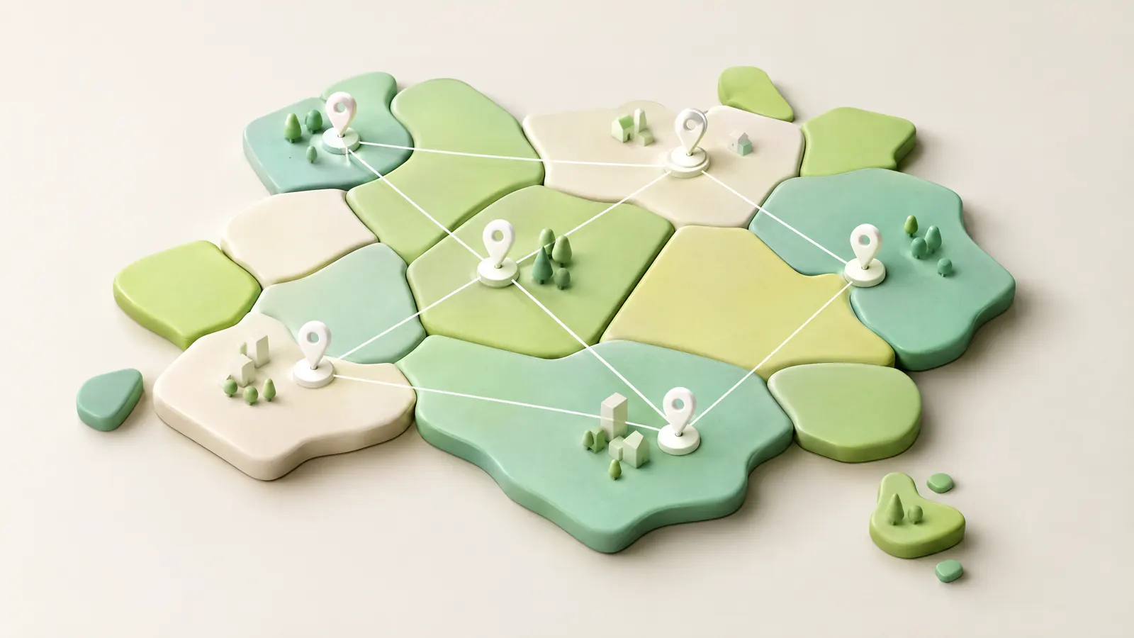 Tabletop map of pastel town tiles with white location pins joined by lines, representing service area pages for local SEO